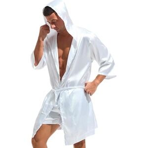 Mens White Silk Robe With Shorts 1/2 Sleeve 100% Polyester Size S
